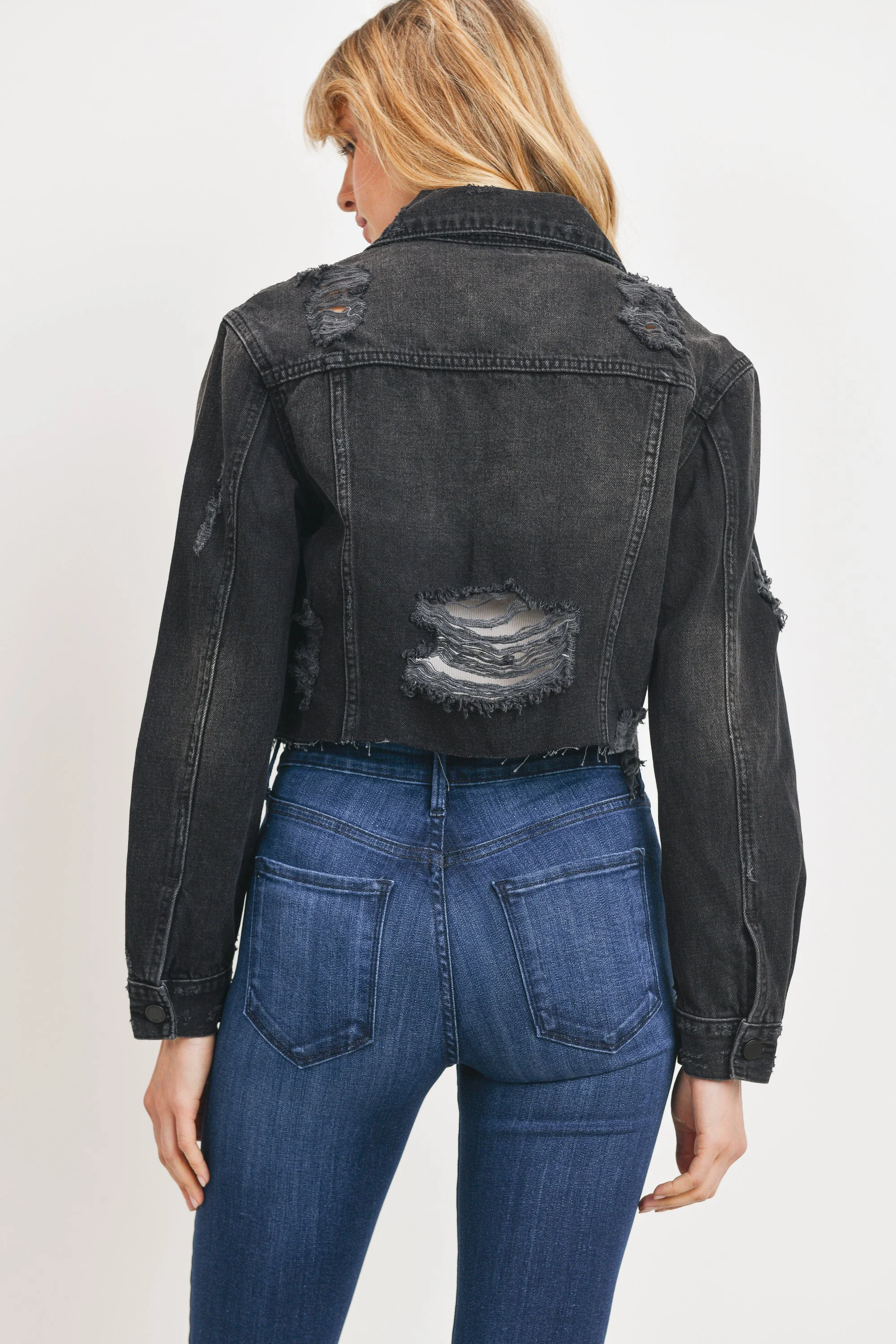 Black distressed cropped clearance denim jacket
